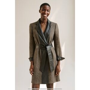 WORTH NY TWEED COAT LEATHER TRIM LINEN WOOL SILK KNEE LENGTH CLASSIC CHIC 8